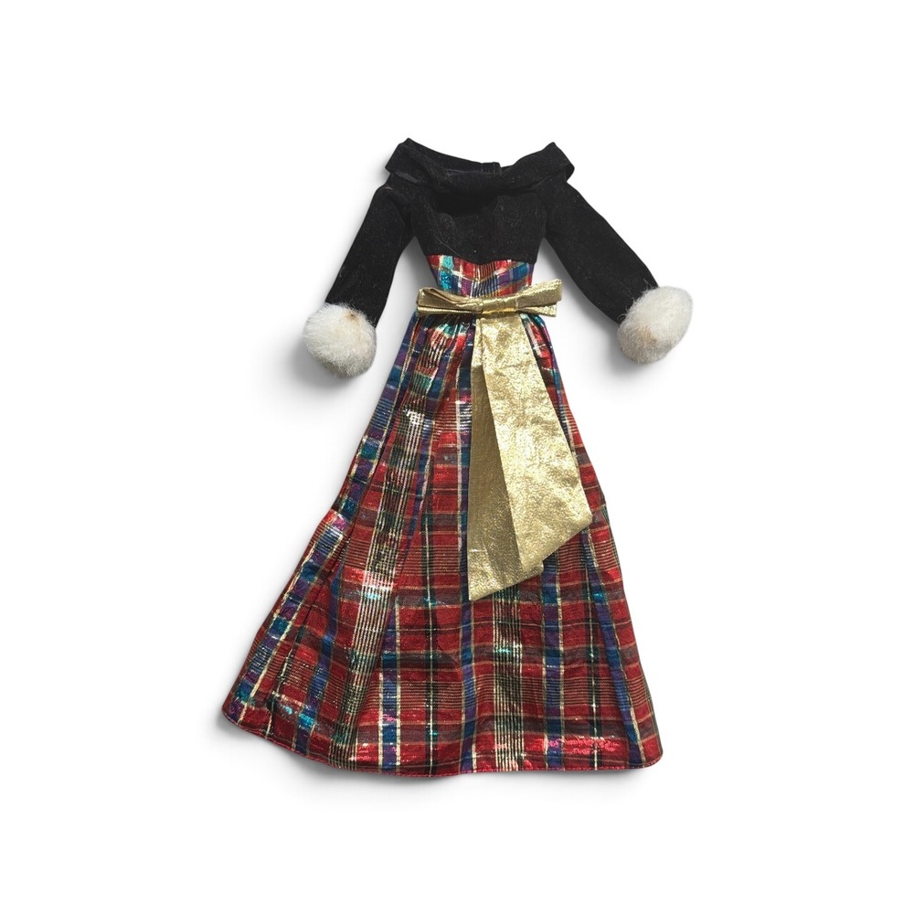 Vintage Holiday Barbie Doll Gown Black Velvet Plaid Metallic Gold Bow Faux Fur